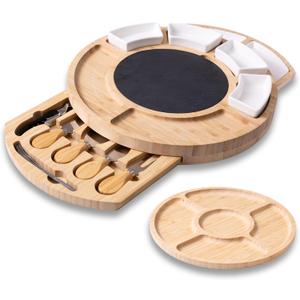Elegant Bamboo Cheese Board Set: Appetizer & Charcuterie Platter with Drawers, Forks, Knives, Wine Key, Fruit Tray – Perfect Housewarming, Wedding & Bridal Gift.