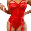 Avidlove Lingerie Sets for Women Sexy Lace Skull Corset with Garter Belt One Piece Teddy Bodysuit (1 True Red, XL)