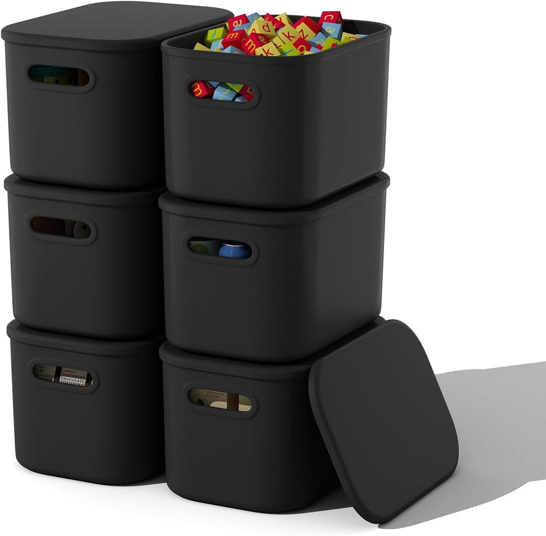6 Pack Black Storage Bins with Lids Stackable Storage Container for Organizing, Black Storage Boxes with Handle for Shelves, Cute Organizer Bins for Craft, Snacks, 9.85x6.9x5.7 inch