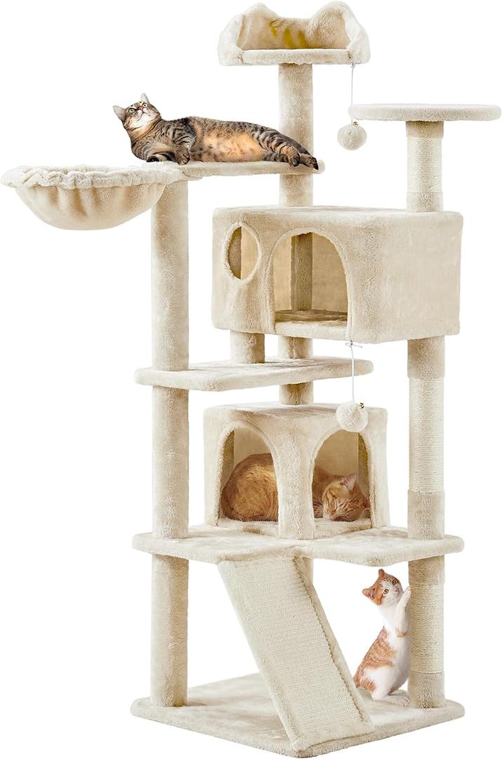 Topeakmart 57 inches Multi-Level Cat Tree Cat Condo with Scratching Posts Kittens Activity Tower Pet Play House Furniture (Beige)