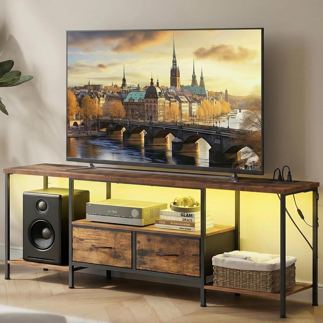 SONGMICS BELLAH Collection - TV Stand with Power Outlets and Lights, Entertainment Center Media Console for TVs Up to 70 Inches, Living Room, Shelves, Drawers, Industrial, Rustic Brown ULGS420K101S, 13.8"D x 61.8"W x 23.6"H