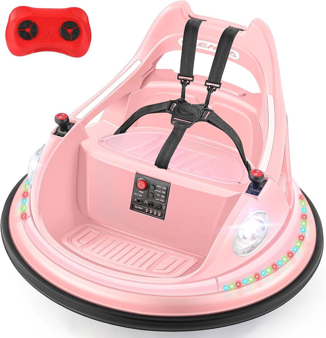 ELEMARA Bumper Car for Kids,1.9mph Max,12V Toddler Ride on Toys with Remote Control,2-Speed,2 Playing Modes,360 Degree Spin, Bumping Toy Gifts W/Bluetooth,5 LED Lights Modes, DIY Stickers, Pink