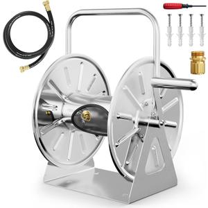 Stainless Steel Garden Hose Reel, Outdoor Metal Wall Mount/Floor Spool, Holds 75ft of 5/8 Inch Capacity, with 7ft Leader Water Pipe, 3/4 Brass Connector for Outside, Yard, Patio (Silver)