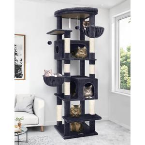 Globlazer Heavy Duty Cat Tree, 74in Sturdy Cat Tower for Large Cats Adult, Big Cat Tree with 7 Sisal Scratching Posts, 2 Padded Condos, 2 Dual-Ear Hanging Baskets, Enlarged Top Perch, S74, Dark Grey
