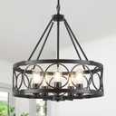 5-Light Farmhouse Chandelier for Dining Room Light Fixture,Modern Rustic Round Black Chandelier Over Table with Hanging Kitchen Drum Light Fixtures for Living Room Bedroom Entryway Foyer