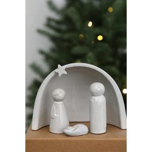 WONDROUS' DECO Porcelain Nativity Scene Set,4Pcs Ceramic Christmas Tabletop Scene-4.5" Tall,Small Modern Nativity Ornament,Christmas Indoor Decor,Mini Sets&Nativity Figures,Unique Xmas (Gray)