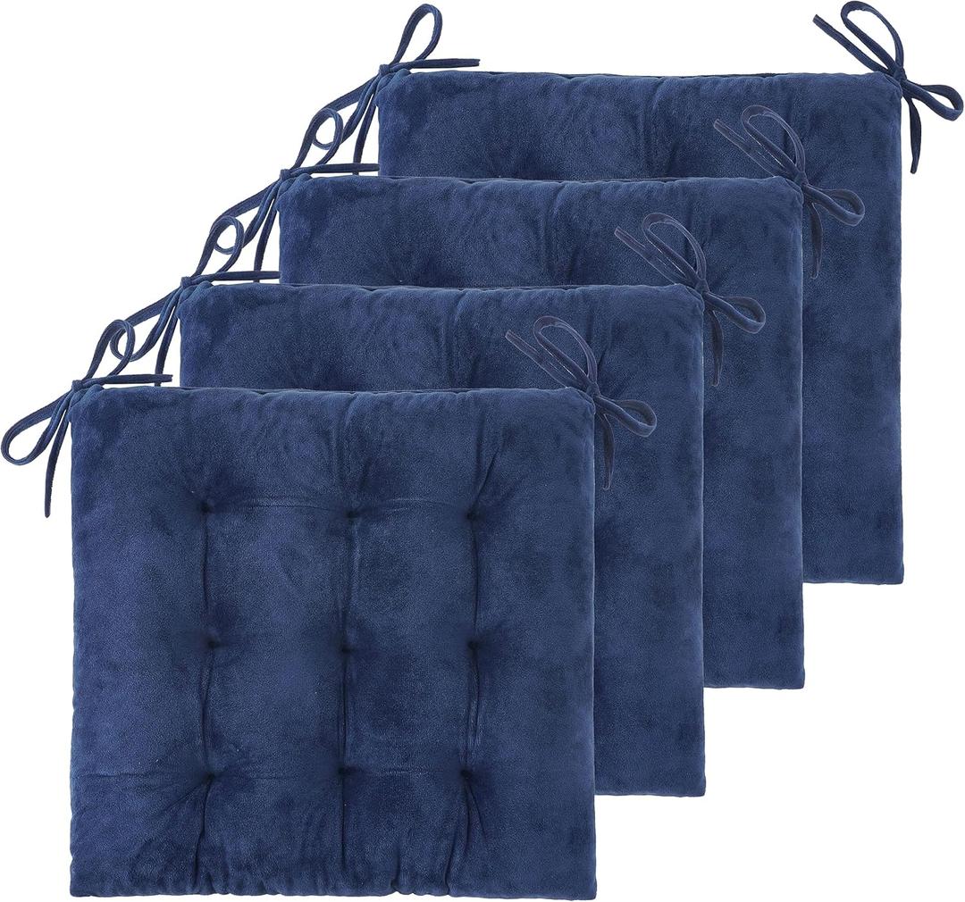 4 Pack Chair Cushions for Dining Office Kitchen Chairs 19" x 19" Chair Pads and Cushion Comfort Seat Cushion with Ties (Navy Velvet)