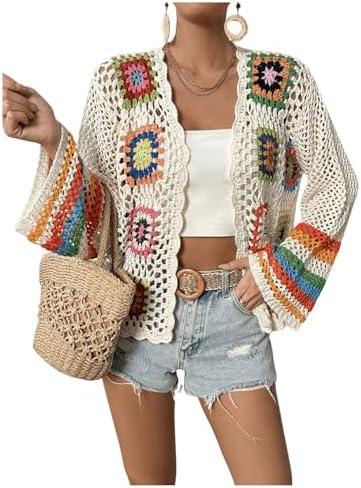 SHENHE Women's Floral Crochet Cardigan Hollow Out Open Front Long Sleeve Cardigan Sweater, Large