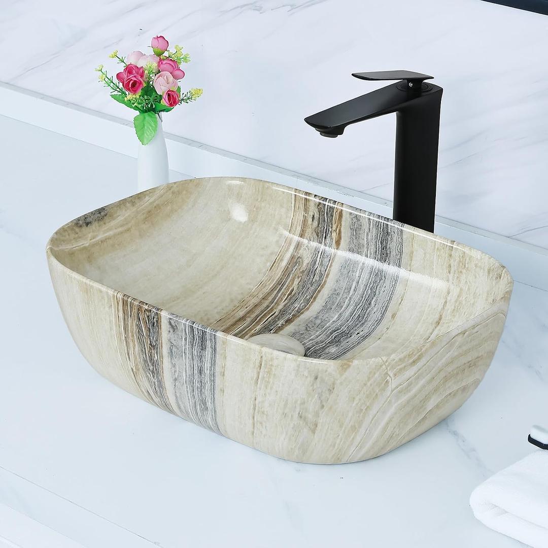 Davivy 18.3"13" Nordic Marbling Rectangle Bathroom Vessel Sink with Pop Up Drain,Ceramic Vessel Sinks,Bathroom Sinks Above Counter,Rectangle Vessel Sink for Bathroom, 18.3"L 13"W 5.5"H