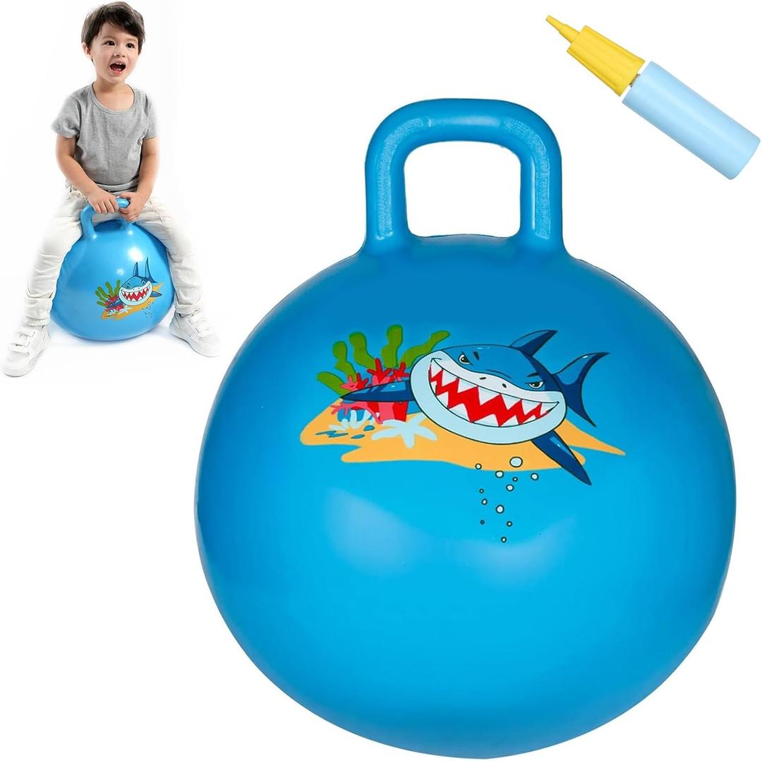 INPANY Hopper Ball, 18 Inches Bouncy Ball with Handles, Bouncing Bounce Balls Hopper, Inflatable Jumping Hopping Toys for Kids Ages 3-6, Hoppity Hop Girls Boys Gifts, Pump Included (Blue Shark)
