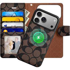 Magnetic Detachable Wallet Case for iPhone 17 Pro Max, Luxury PU Leather with Card Slots, Kickstand, Wrist Strap, MagSafe Compatible, 6.9-Inch Brown