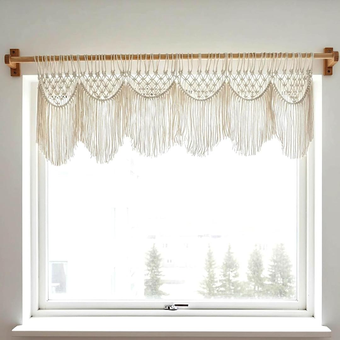 Bohemian Macrame Window Valance, Boho Short Curtain for Window Decoration, Handmade Cotton Fringe Curtain Topper, Window/Door Curtain with Tassels Beige Color 46″x20″ (no Rod Included)