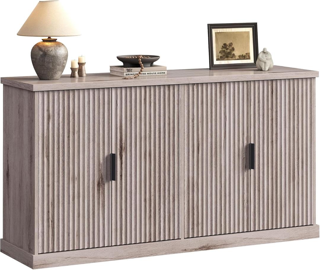 VASAGLE MAXE Collection - Buffet Cabinet, Fluted Console Cabinet, Sideboard with Adjustable Shelves, Mid Century Modern Buffet Table, 15.8 x 58.3 x 31.5 Inches, Washed Gray UBBK382G01S