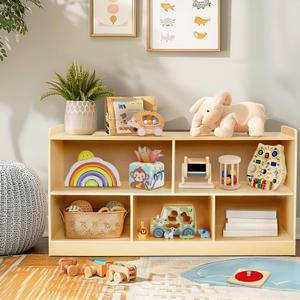 4 xMontessori Shelf, Wooden Toy Storage Organizer for Books Toys, 2 Shelf Bookcase, 5-Section Storage Cabinet, Toddler Book Shelf for Kids Rooms, Playroom, Nursery, Kindergarten (Natural), Tower/Floor-to-Ceiling