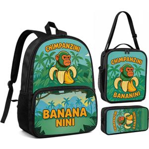 Zhazieon Tung Tung Tung Sahur Kids Backpack Set, Adjustable 3 in 1 School Backpack with Lunch Box and Pencil Case, Funny Shark Character School Bag for Boys Girls Elementary Students(Black-B3), Medium