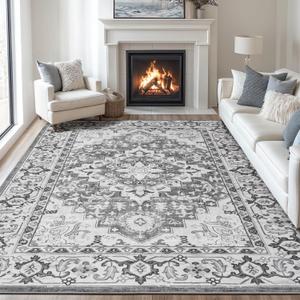 Lofus 9x12 Area Rugs for Living Room, Washable Area Rug, Rugs for Bedroom, Kitchen Rug, Vintage Boho Carpet, Soft Non-Slip, Low Pile Large Area Rug for Office Dining Room, Floral Grey