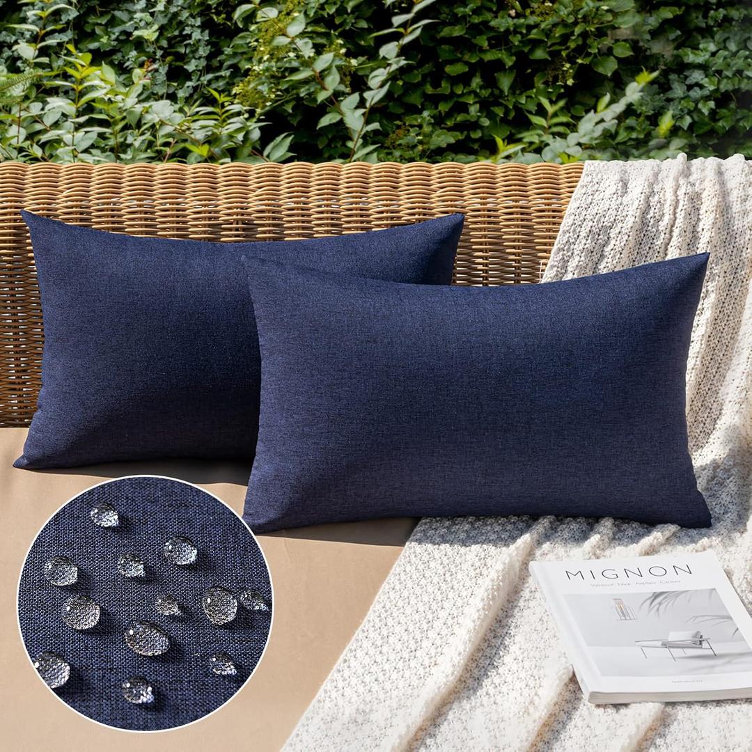 MIULEE Pack of 2 Decorative Outdoor Solid Waterproof Throw Pillow Covers Faux Linen Garden Farmhouse Cushion Cases for Summer Patio Tent Balcony Couch Sofa 20x12 Inch Navy