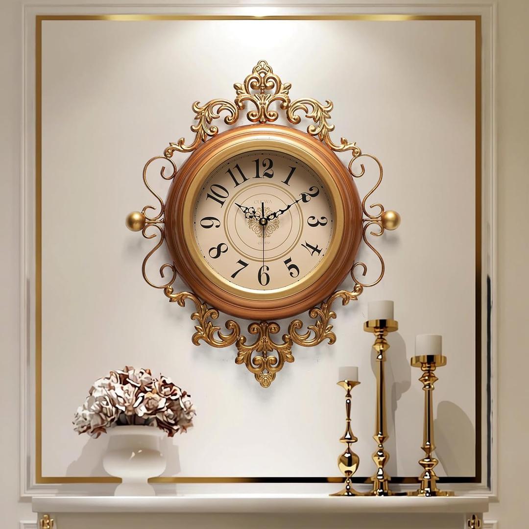 Vintage Wall Clocks Living Room,16"X19"Elegant Retro Silent Wall Clock,Decorative Antique Victorian Wall Clocks Battery Operated for Bedroom Kitchen Entryway Office Decor