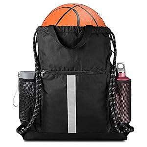 BeeGreen Drawstring Backpack Bag Sports Gym Backpack with Shoe Compartment and Two Water Bottle Holder for Men Women Large String Backpack Athletic Sackpack Workbag Black