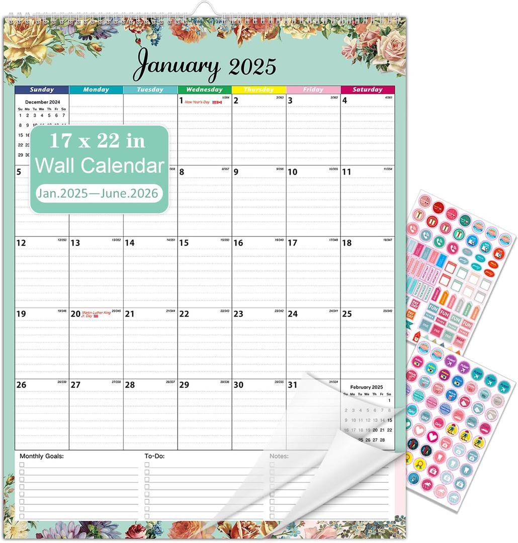 Lateefah Wall Calendar 2025, 18 Month Desk Calendar from Jan 2025 to June 2026, Large 17''x22'' Monthly Calendar 2025-2026 with Plastic Cover Large Wall Calendar 2025 for Home, Office