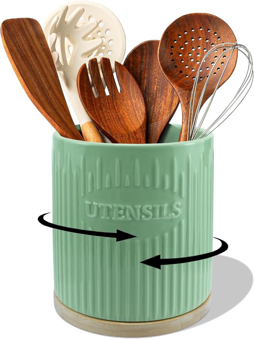 QINSDESIGNS 360° Rotating Utensil Holder, 7.6" Large Ceramic Kitchen Utensil Holder for Countertop with Bamboo Base, Stable Utensil Organizer, Farmhouse kitchen Decor, Green