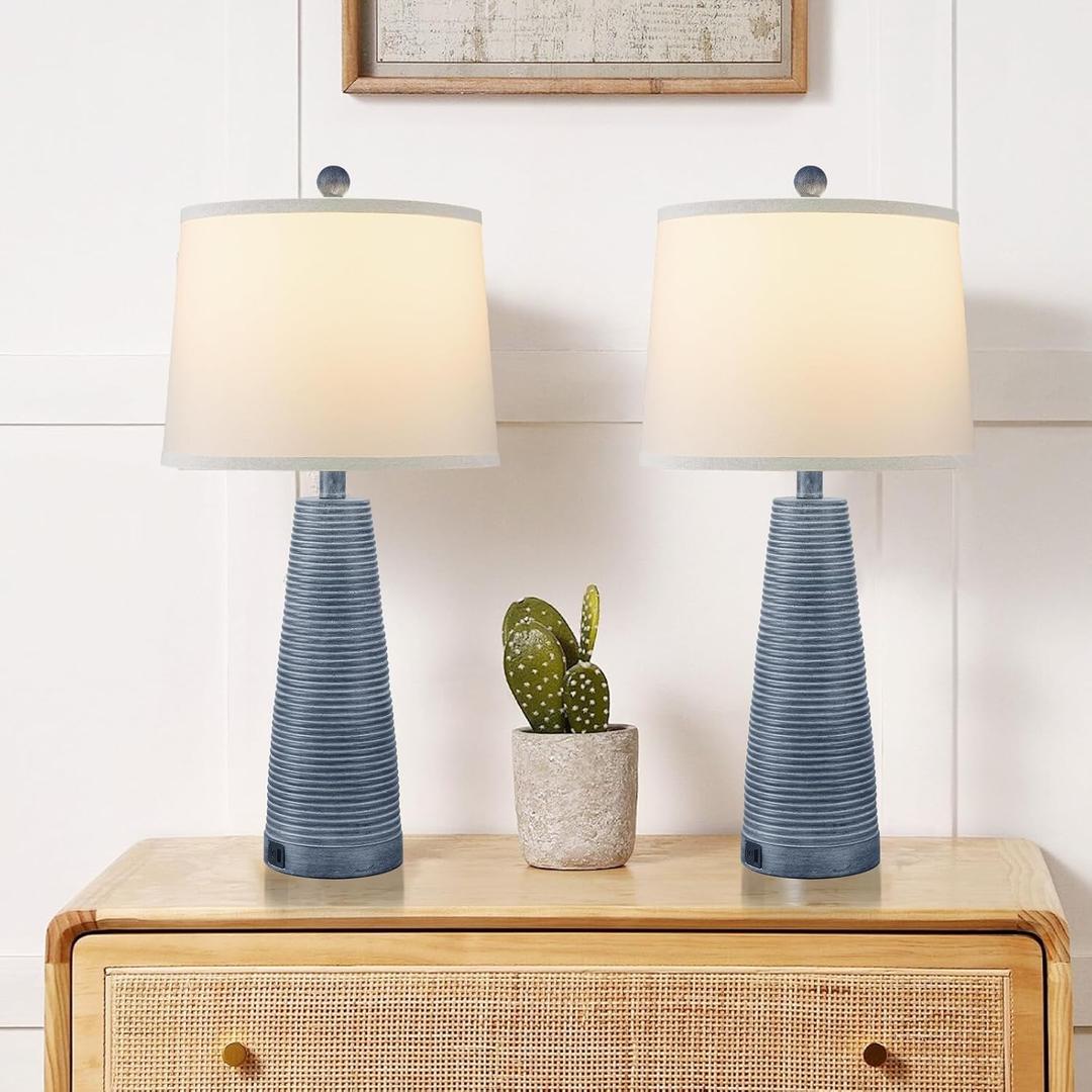Nightstand Lamp Bedside Lamps Set of 2 Vintage Rustic Farmhouse Table Lamp 3 Way Dimmable Horizontal Stripe Light,Suitable for Living Room Bedroom,with Linen Shade LED Bulb,USB A+C Port