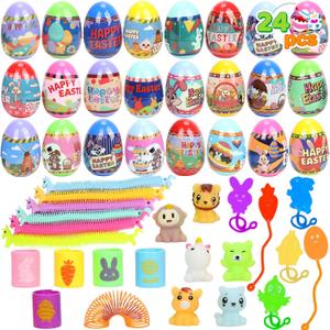 VOMAOK 24 Pack Easter Eggs with Toy Inside, Includes Coil Springs, Squishies, Sticky Hands, Stretchy Strings for Easter Basket Stuffers, Party Favors, Egg Hunts