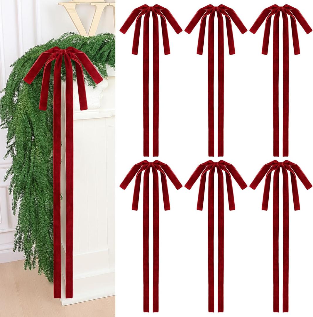 Soulchen 16 Pcs Burgundy Velvet Bows Christmas Ornament 11.8" x 29.5" Double Layer Long Velvet Wine Red Vintage Christmas Tree Decoration for Staircase Xmas Home Wreath Winter Outdoor Indoor