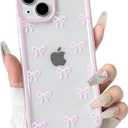 NITITOP Compatible with iPhone 14 Case Cute Clear Durable Ribbon Bowknot Pattern for Girls Women Soft TPU Transparent Full Camera Lens Shockproof Protective Phone Cover - Pink