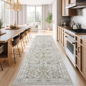 jinchan Hallway Runner Rug 3x8 Machine Washable - Vintage Floral Non-Slip Low-Pile Soft Ultra-Thin Faux Wool Kitchen Rug Distressed Carpet Runner for Farmhouse Bedroom Laundry Room (3x8ft, Taupe)