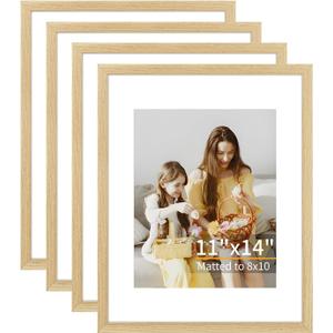 ATOBART 11x14 Picture Frame Set of 4, Displays 8x10 with Mat or 11x14 Without Mat, Photo Frames for Wall Hanging or Tabletop, Includes HD Plexiglass, Natural Wood Grain