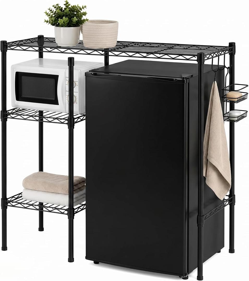 Yaocom Mini Fridge Shelf for Dorm, Adjustable Stand,Black,3 Compartments | Over-fridge Stand with Storage, Carbon Steel Organizer, Microwave Storage Rack, Refrigerator Storage Organizer, Apartment, 35"W x 18"D x 37"H
