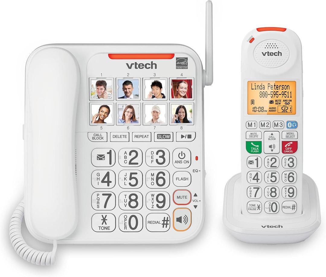 VTech SN5147 Amplified Corded/Cordless Senior Phone with Answering Machine, Big Buttons, 90dB Extra-Loud Ringer, 50dB Audio Assist, Call Blocker