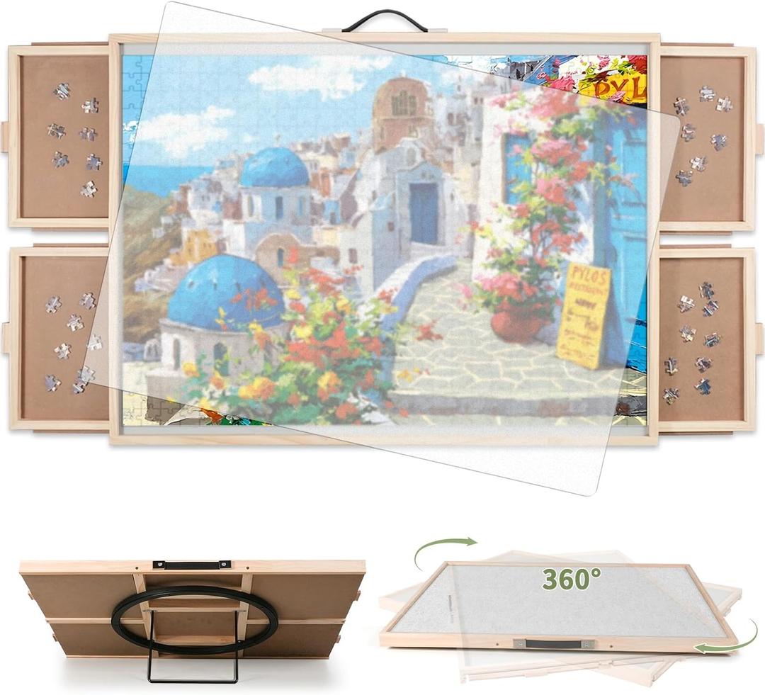 2000 Pieces 2-in-1 Tilting & Rotating Puzzle Board, 40.16" x 28.5", Portable Puzzle Table with 4 Drawers & Cover