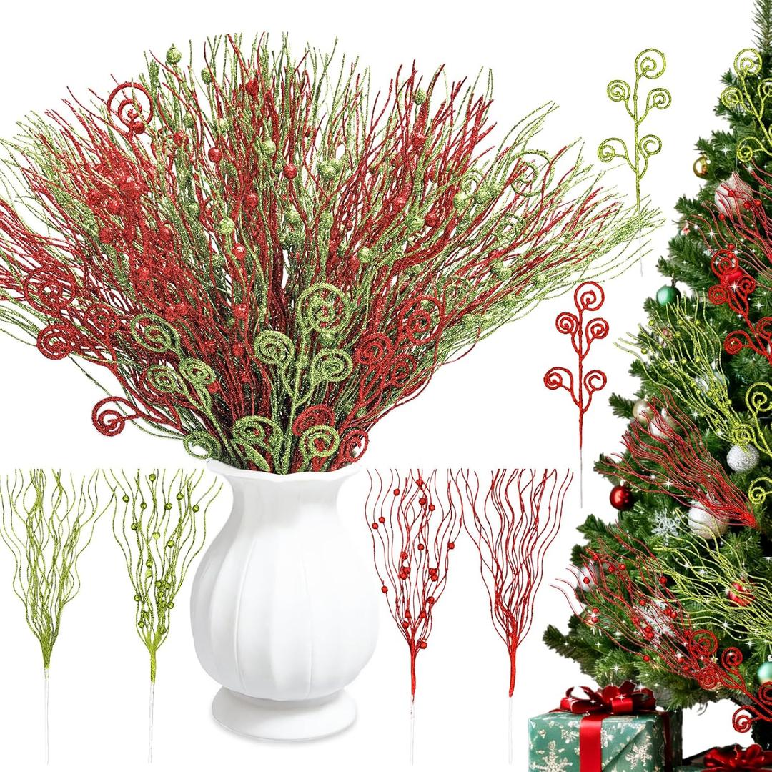 Celltestria 36pcs Christmas Tree Picks Decoration Ornaments 17’’ 12’’ Artificial Red Green Glitter Berry Stems Fake Candy Pick Branches for Xmas Trees Vase Filler Wreath Craft Decor