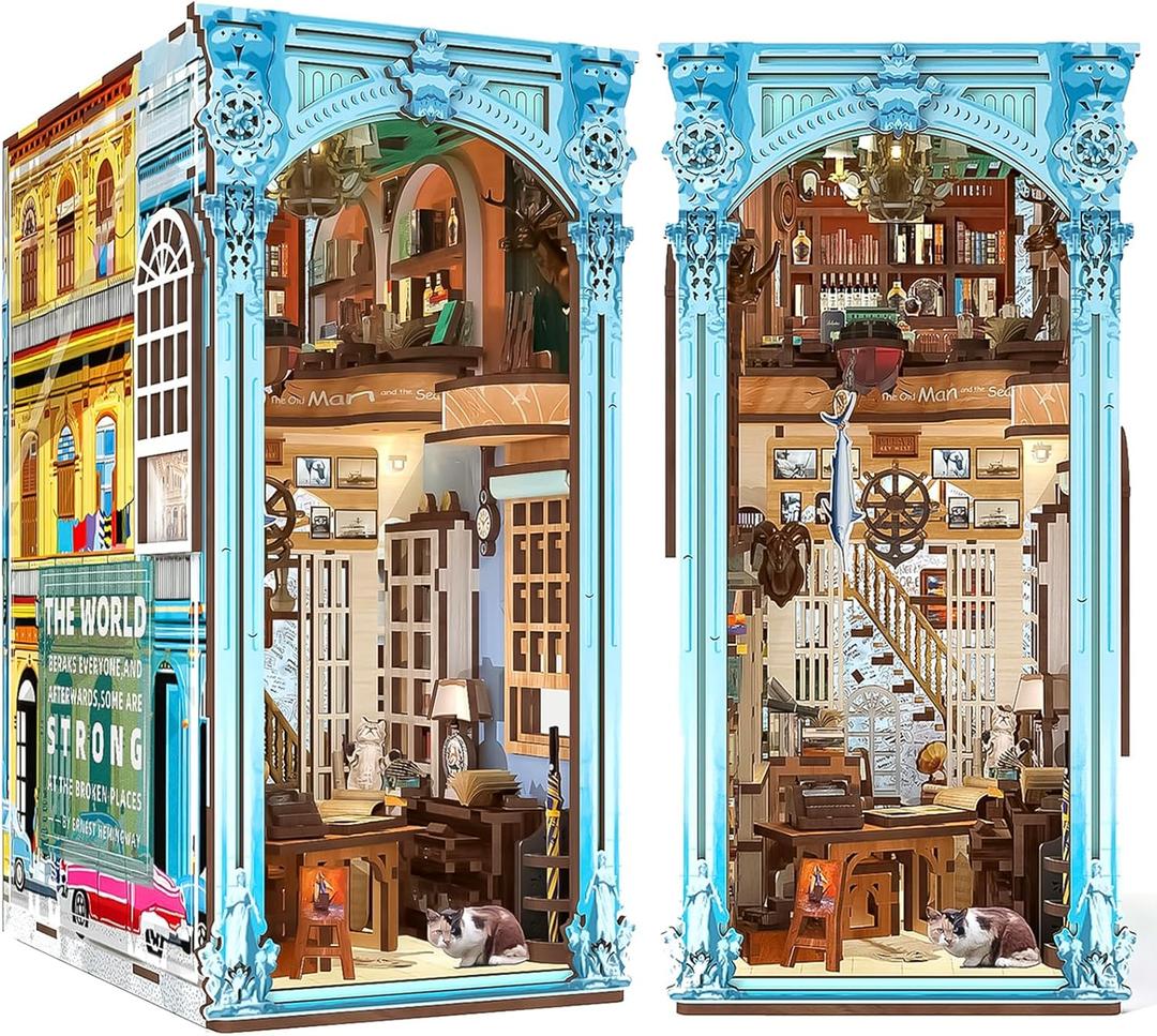 Book Nook Kit, DIY Miniature Dollhouse Booknook Bookshelf Insert Decor, 3D Wooden Puzzles with LED Light for Teens and Adults(Hemingway House)