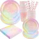 Pastel Birthday Party Supplies Decorations, Rainbow Theme Birthday Paper Plates and Napkins Set with Cups and Straws for 24 Guests, 120 Pcs Disposable Party Dessert Dinnerwares