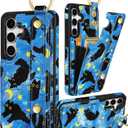 Petitian for Samsung Galaxy S25/S24 Case with Wallet - Women Girls Cute Girly Aesthetic Unique Design with Leather Credit Card Holder Cardholder Stand Wristband, Blue Cat