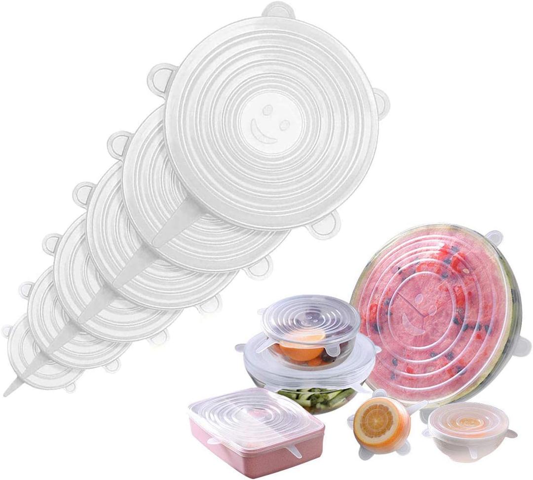 JIGUOOR Silicone Stretch Lids, 6 Pack Reusable Silicone Lids, Durable Food Storage Silicone Covers for Bowl, 6 Sizes to Meet Most Containers to Keep Food Fresh, Microwave Safe - Easy Clean