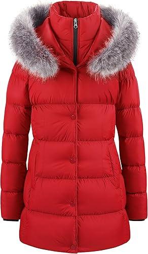 CREATMO US Women's Winter Snow Jacket Long Sherpa-Lined Windproof Shiny Puffer Coat With Removable Faux Fur Trim Shine Black L, Red