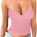 Women's Sexy Deep V Neck Ruched Sleeveless Crop Tank Top Stretchy Spaghetti Straps Slim Fitted Tops (Pink)