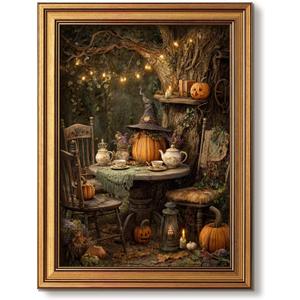 Vintage Gold Framed Halloween Wall Art Horror Fall Pumpkin Prints 16x24 In