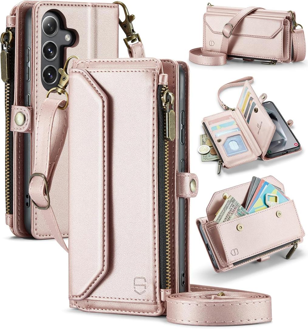 Wallet Case Compatible with Samsung Galaxy S25 Plus RFID Blocking Card Holder Soft PU Leather Magnetic Snap Strap Zipper Pocket Phone Case Fit for Galaxy S25+/ S25 Plus - Rose Gold