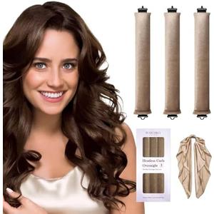 Heatless Hair Curler Overnight Curls-3 Pcs No Heat Curling Blowout Rod to Sleep In,Hair Rollers with Satin Scarf (Khaki)
