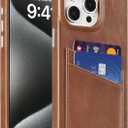 LUCKYCOIN Genuine Leather Wallet Phone Case for iPhone 15 Pro Max, Phone Purse with 2 Credit Card Holder, Compatible with iPhone 15 Pro Max, Metal Button Bumper Protective Shockproof Cover Dark Brown