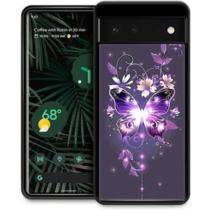 Compatible with Google Pixel 6 Case, Purple Glittering Flower Butterfly Amazing Pattern Design Shockproof Anti-Scratch Hard PC Back Case