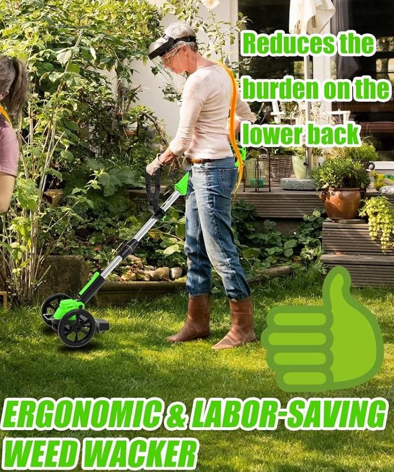 Electric Cordless Weed Wacker Eater Battery Powered, Lightweight No-String Weed Trimmer with 2 21V/2Ah Battery Operated&5 Types Blade&Wheels, Grass Trimmer/Edger Lawn Tool/Brush Cutter for Garden Yard