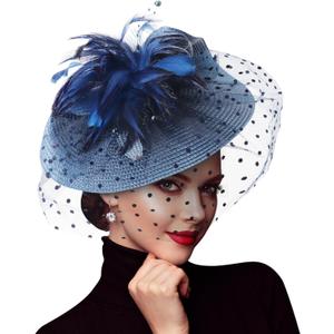 DRESHOW Fascinators Hat Flower Mesh Feathers Hat with a Headband and a Clip 7.9" Tea Party Headwear for Women (Blue)
