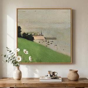 Framed Green Abstract Landscape Wall Art, Modern Minimalist Coastal Canvas Prints Paintings for Walls, Rustic Nature Square Pictures for Living Room Bedroom Dining Room Bathroom Wall Decor, 24x24 In