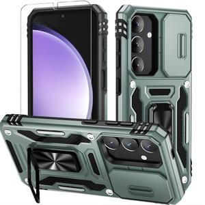 Pack of 5, WRJ for Samsung Galaxy S25/Galaxy S24 Case with Slide Camera Cover and Screen Protector, Military Grade Protection [Rotated Ring Kickstand] Heavy Duty Shockproof Protective Cover-Green